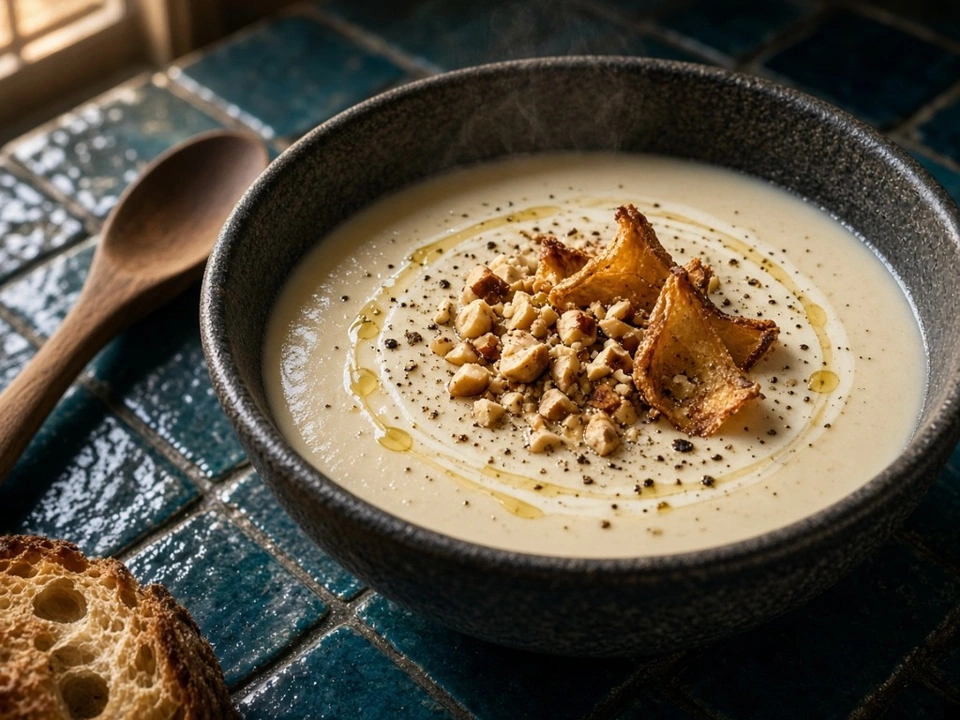 Velouté de panais et pomme maison, noisettes torréfiées Velouté de panais maison anti-gaspillage, noisettes et huile