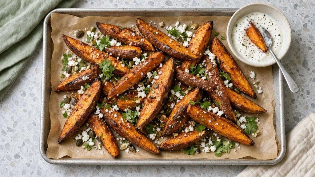 Idées anti-gaspillage avec restes de patate douce : quartiers de patate douce rôtis sur plaque, feta, graines et sauce yaourt