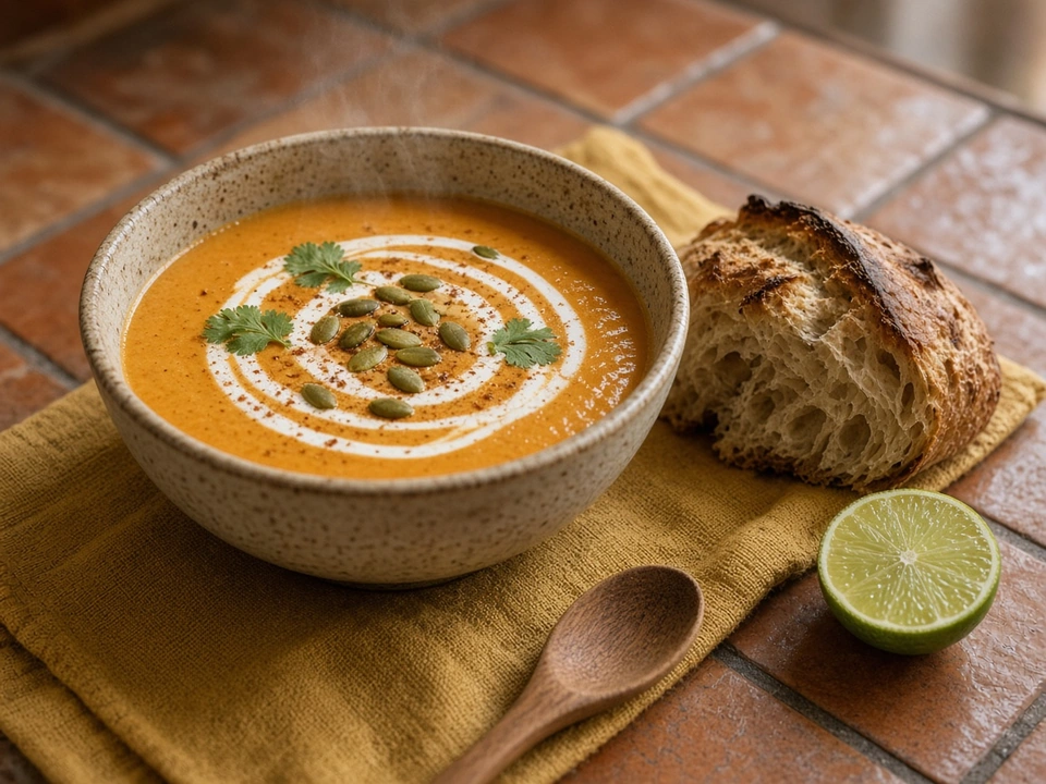 Velouté patate douce, coco et curry maison, graines grillées Velouté de patate douce au lait de coco maison anti-gaspillage