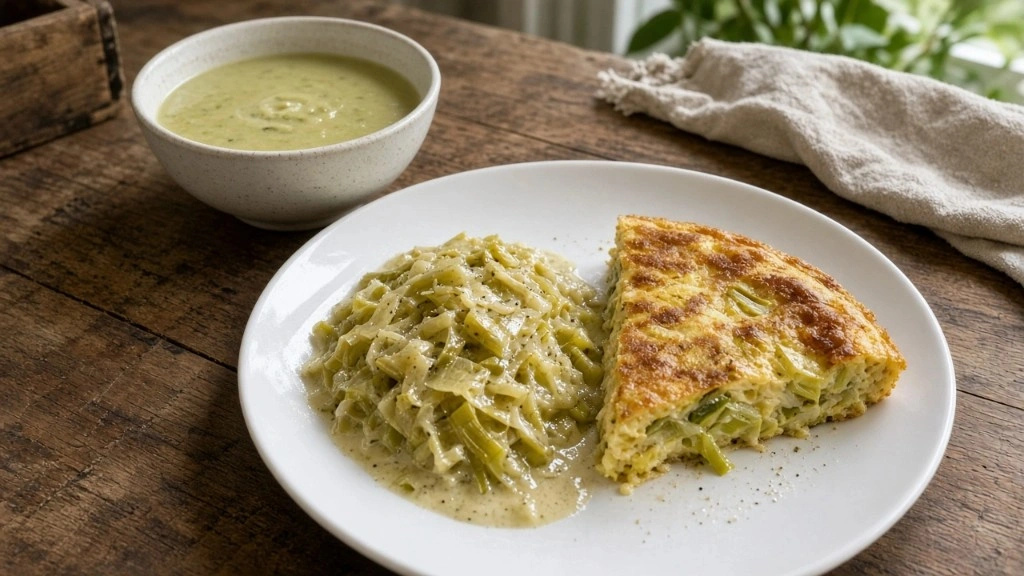 Assortiment anti-gaspillage autour des poireaux : fondue crémeuse, part de quiche dorée et velouté vert sur une table en bois.