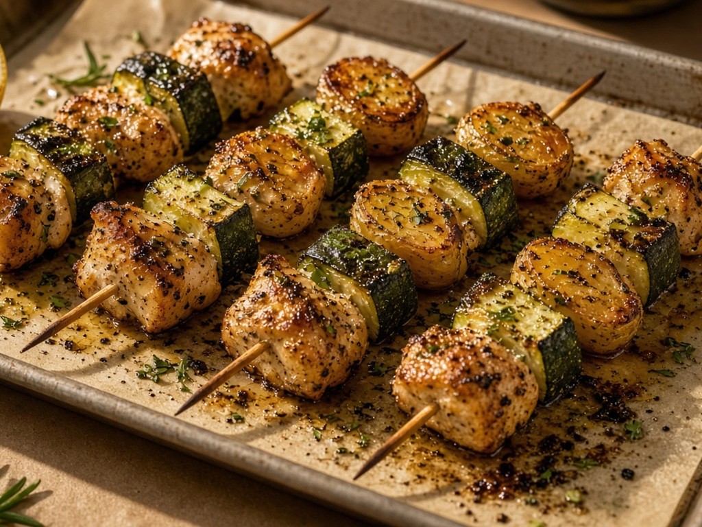 Brochettes de poulet et légumes rôtis