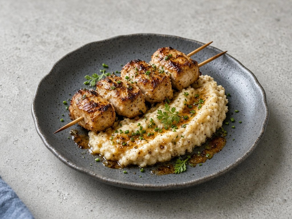 Brochettes de poulet rôti et purée rustique de cerfeuil tubéreux