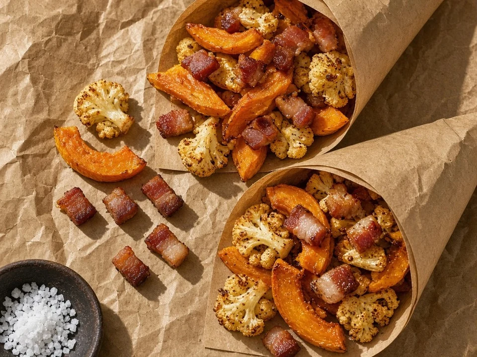 Chips de lardons et légumes rôtis