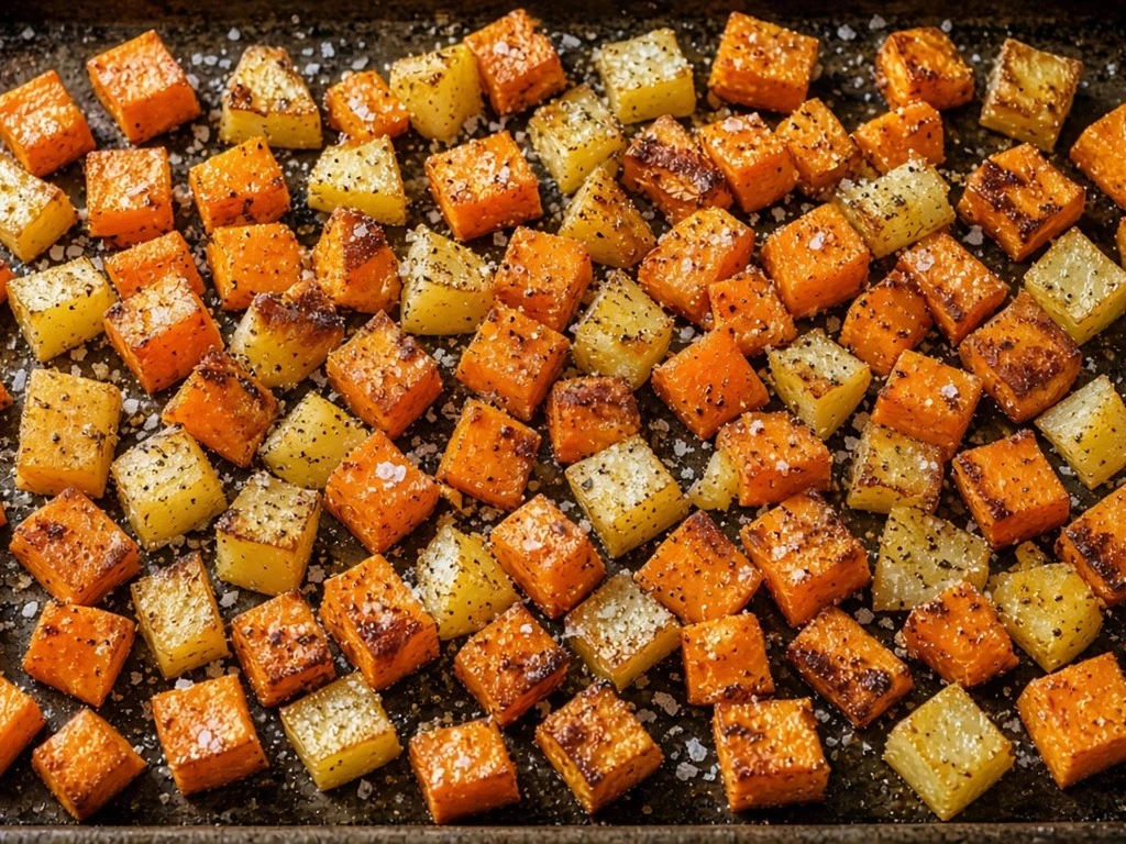Cubes de patate douce et pomme de terre rôties au four