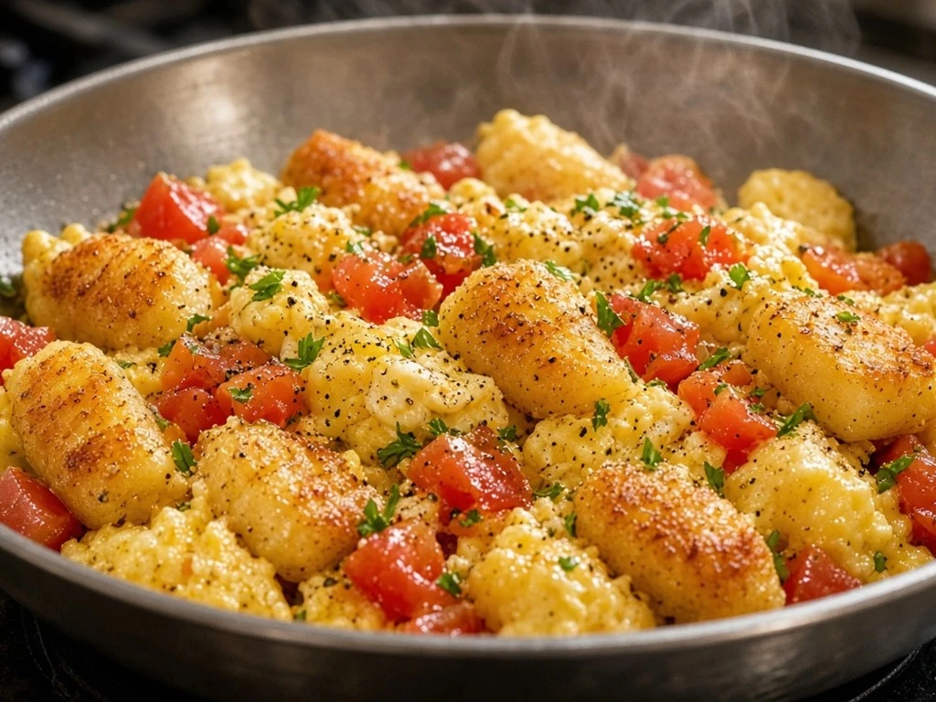 Gnocchi croustillants aux tomates et œufs brouillés