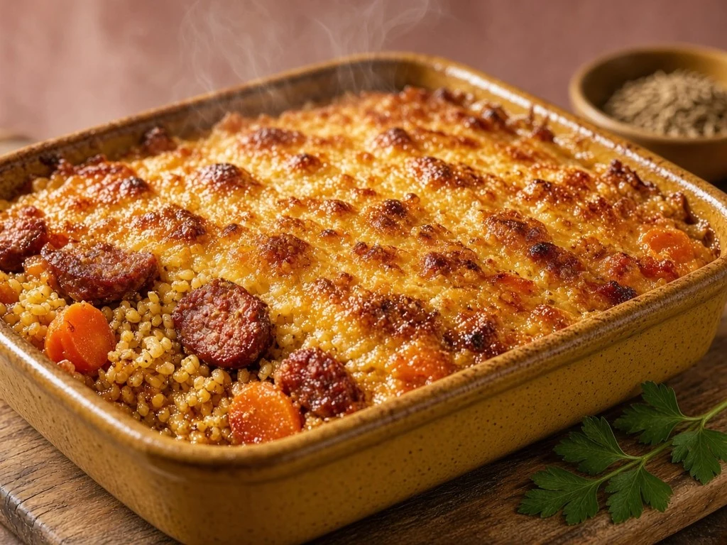 Gratin de boulgour aux merguez et carottes
