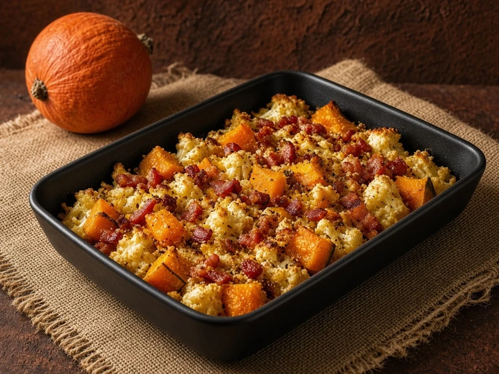 Gratin croustillant de chou-fleur et potimarron aux lardons