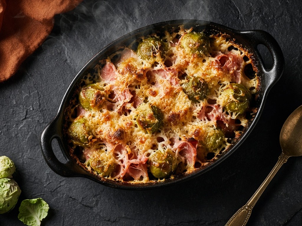 Gratin croustillant de choux de Bruxelles et jambon