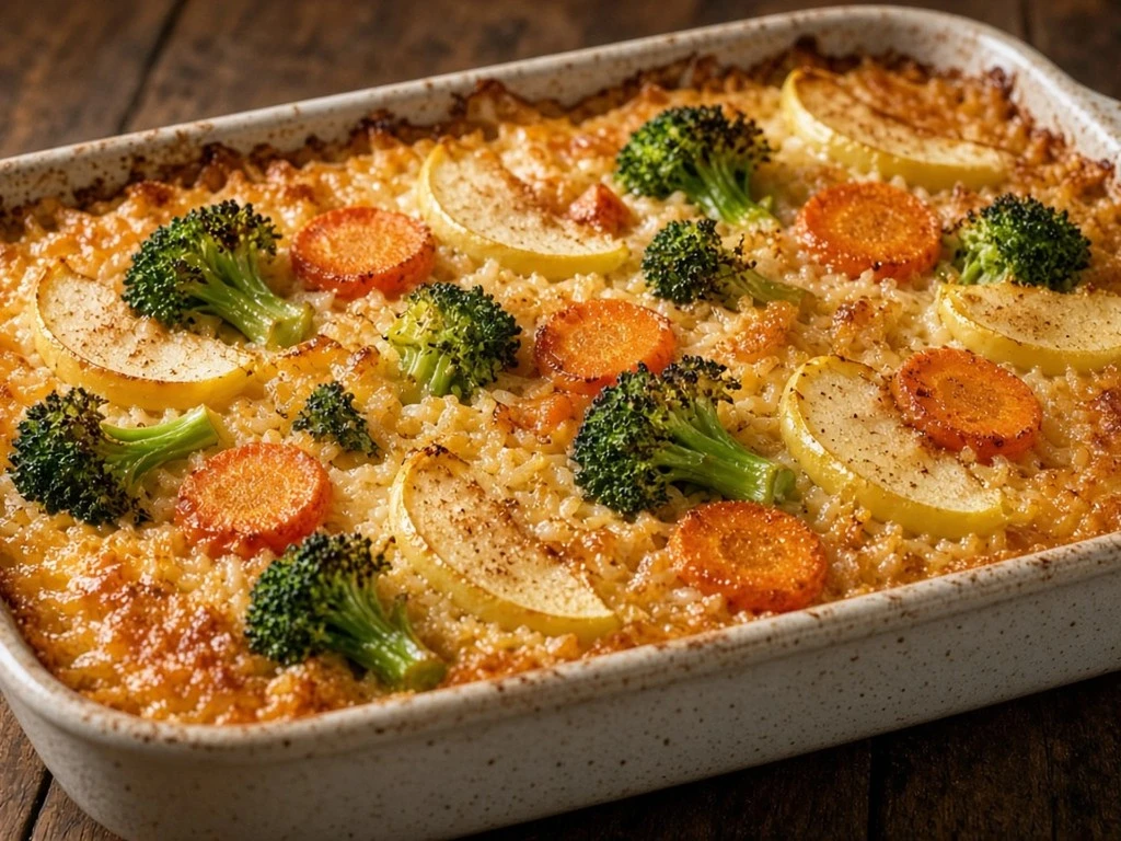 Gratin croustillant de riz aux légumes et fruits