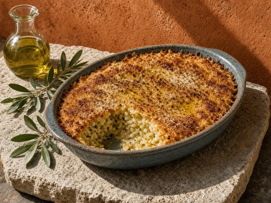 Gratin croustillant de riz à l'huile d'olive