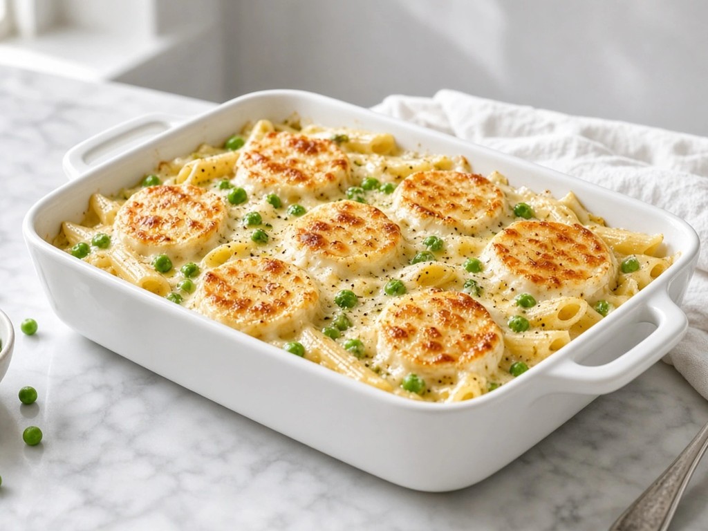 Gratin de pâtes au chèvre et petits pois