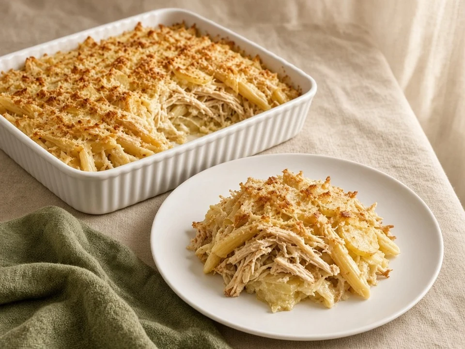 Gratin de pâtes au poulet et pommes de terre