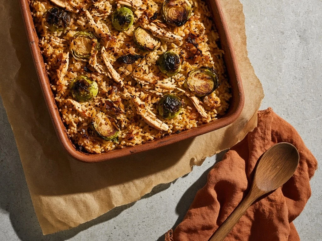Gratin de riz au poulet et choux de Bruxelles