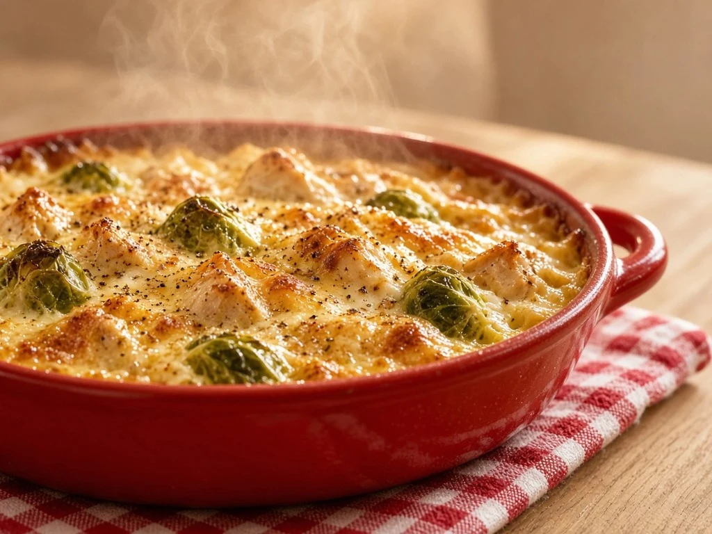 Gratin fondant de poulet aux choux de Bruxelles