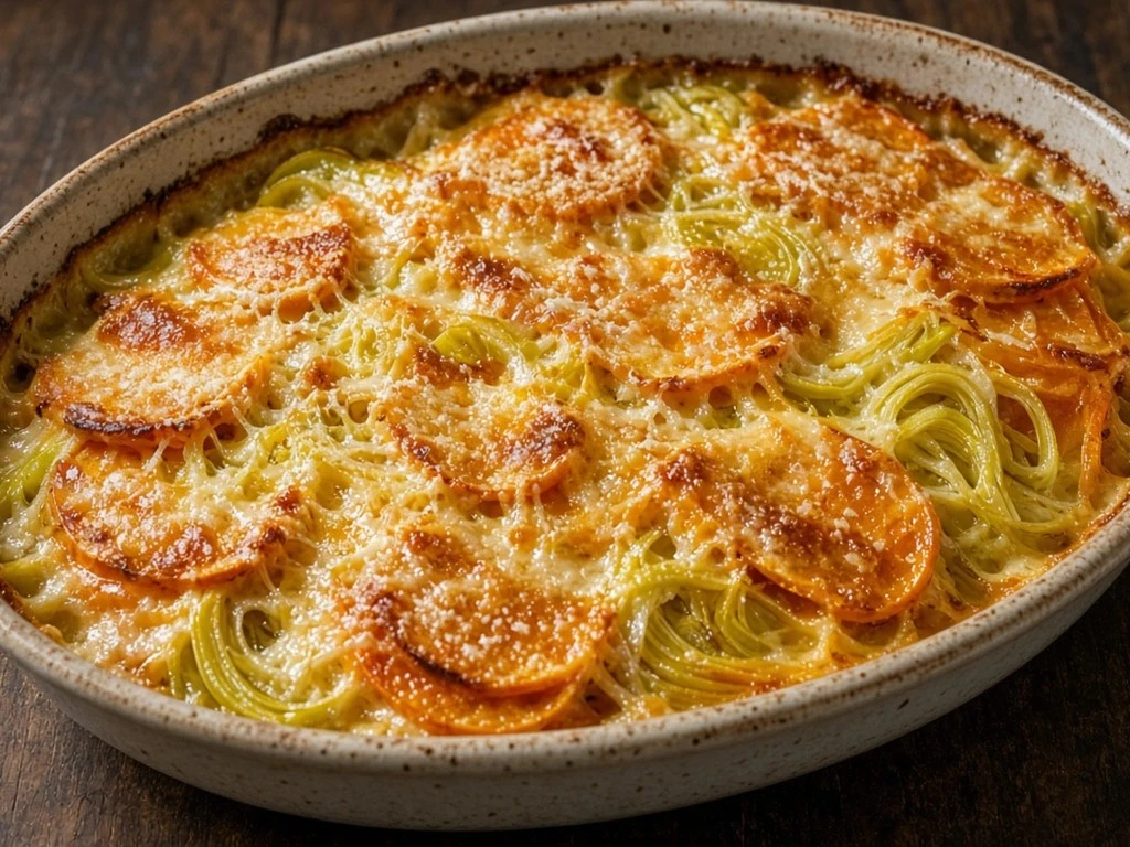 Gratin fondant de patate douce et poireau au fromage