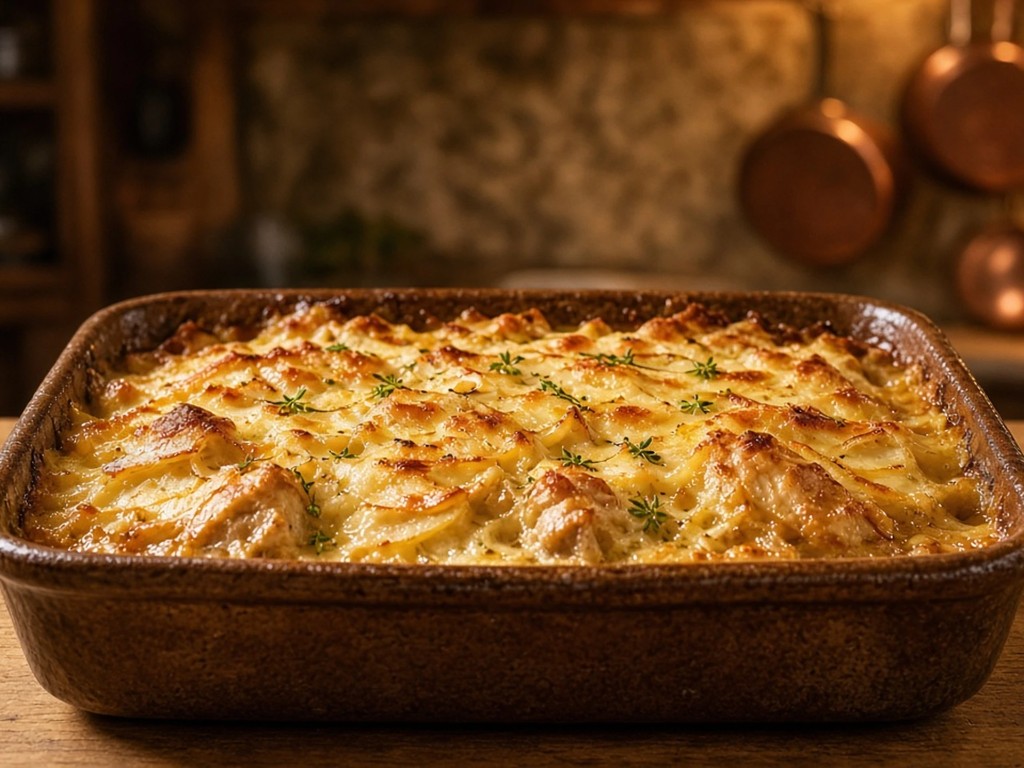 Gratin fondant de poulet au cerfeuil tubéreux et fromage