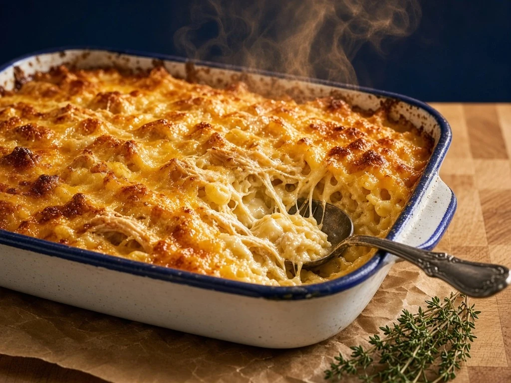 Gratin fondu de coquillettes au poulet et cheddar