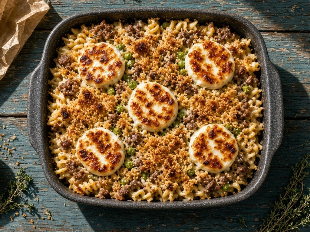 Gratin de pâtes croustillant au chèvre, viande hachée et petits pois