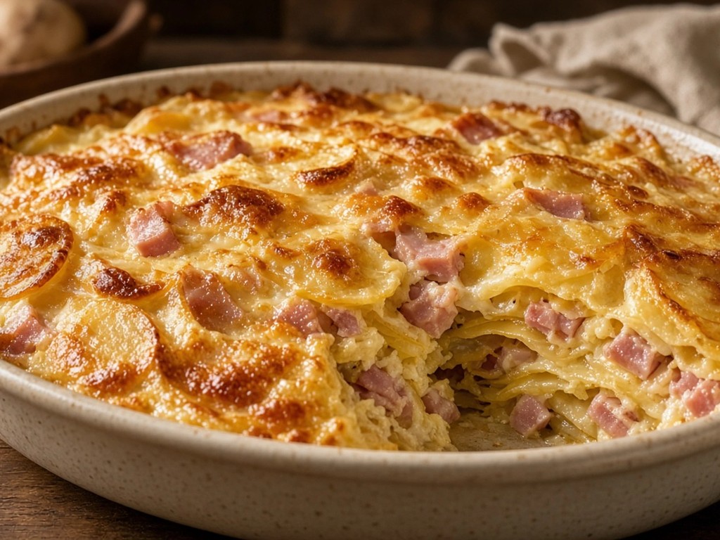 Gratin rustique de pommes de terre aux navets et jambon