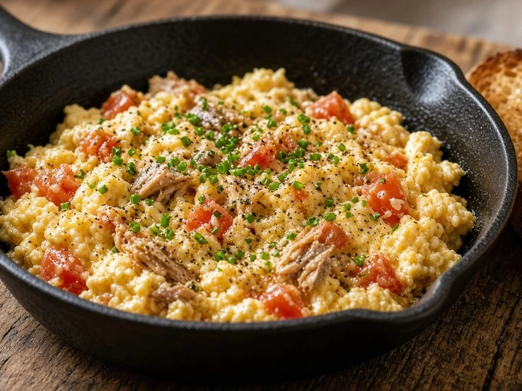 Œufs brouillés aux sardines et tomates