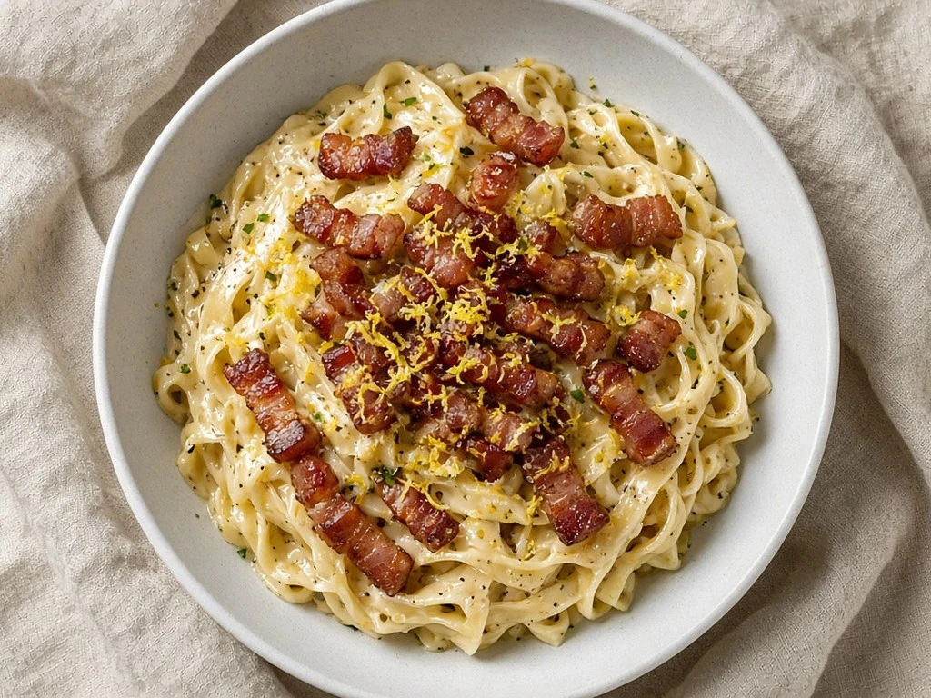 Pâtes crémeuses aux lardons et zeste de citron