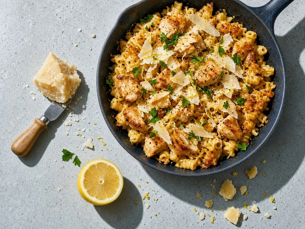 Poêlée croustillante de coquillettes et poulet au parmesan