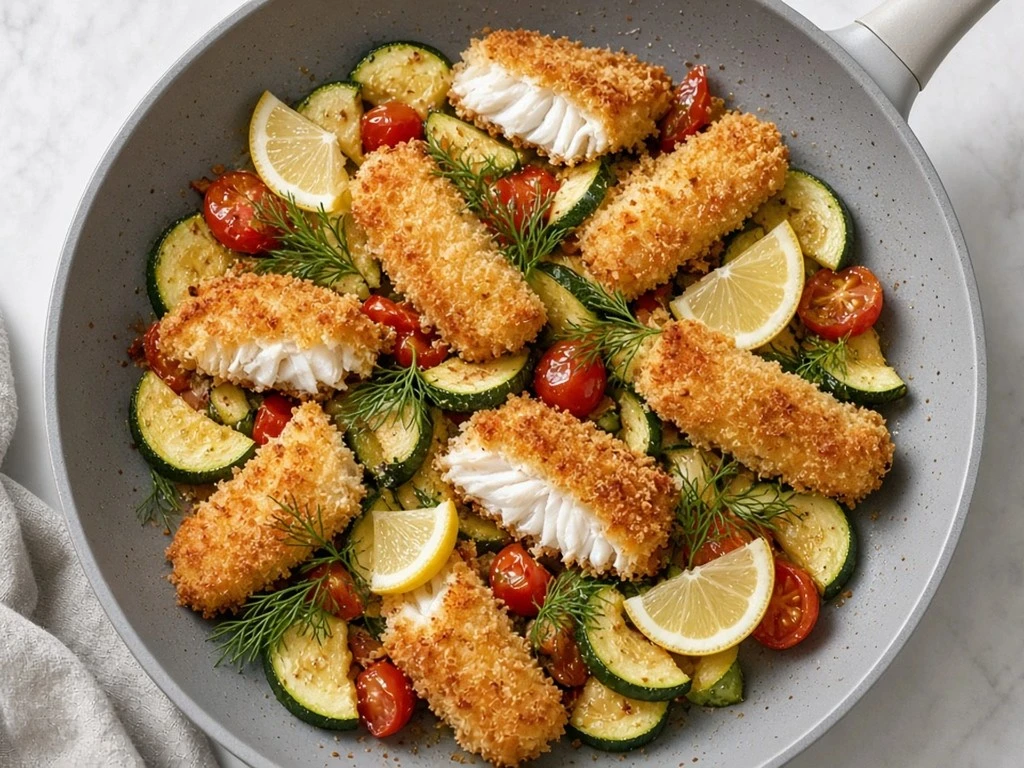 Poêlée croustillante de poissons panés et courgettes