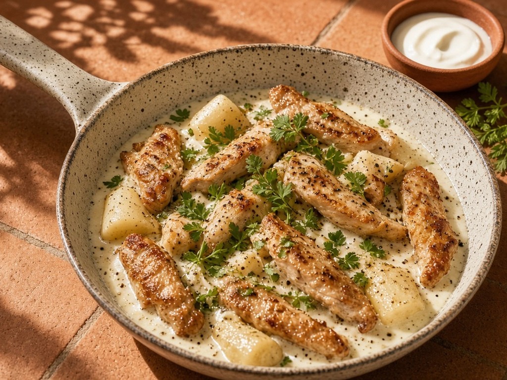 Poêlée minute de poulet et cerfeuil tubéreux en sauce