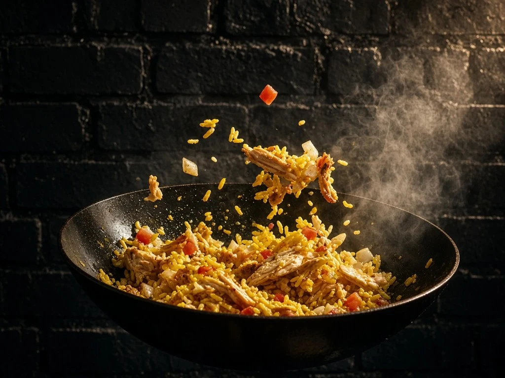Poêlée paysanne de poulet et riz au curcuma