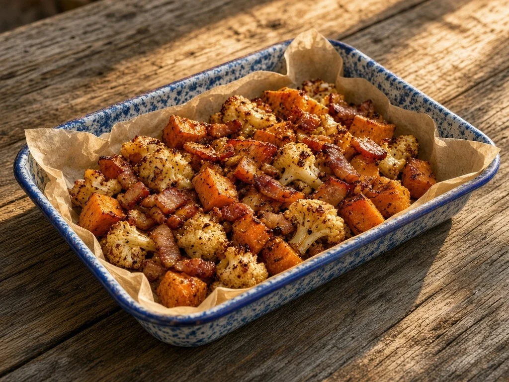 Rôti croustillant de patate douce aux lardons