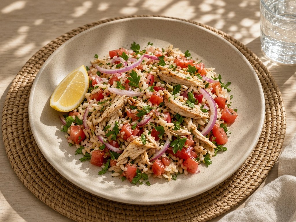 Salade tiède de riz et poulet rôti