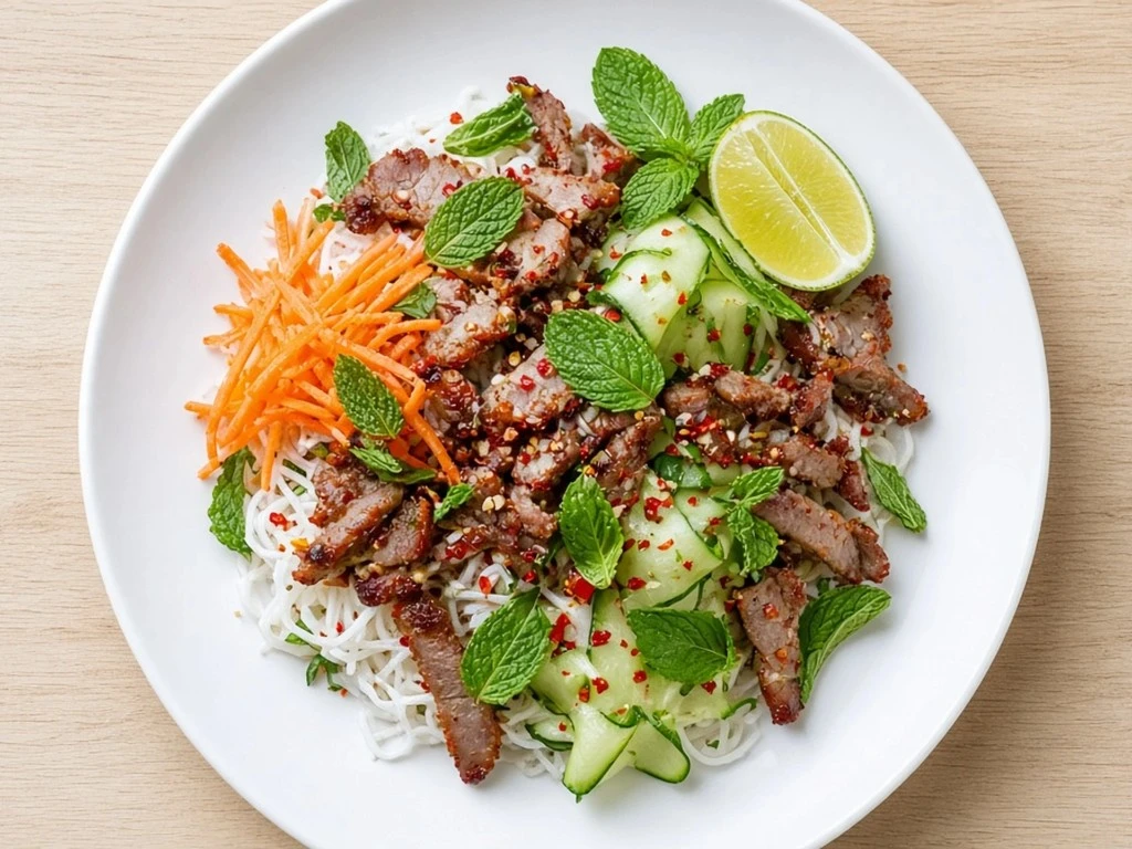 Salade tiède de nouilles de riz au porc épicé