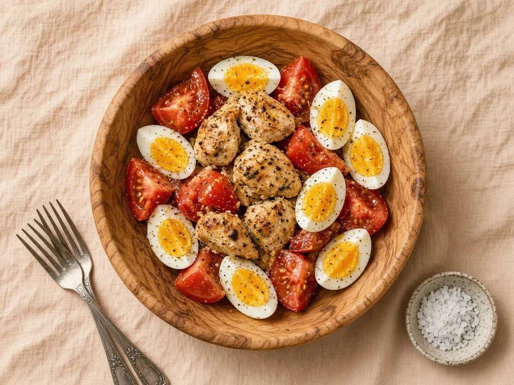 Salade tiède de poulet aux tomates et œufs durs