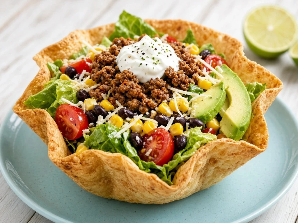 Salade tiède en bol de tortilla