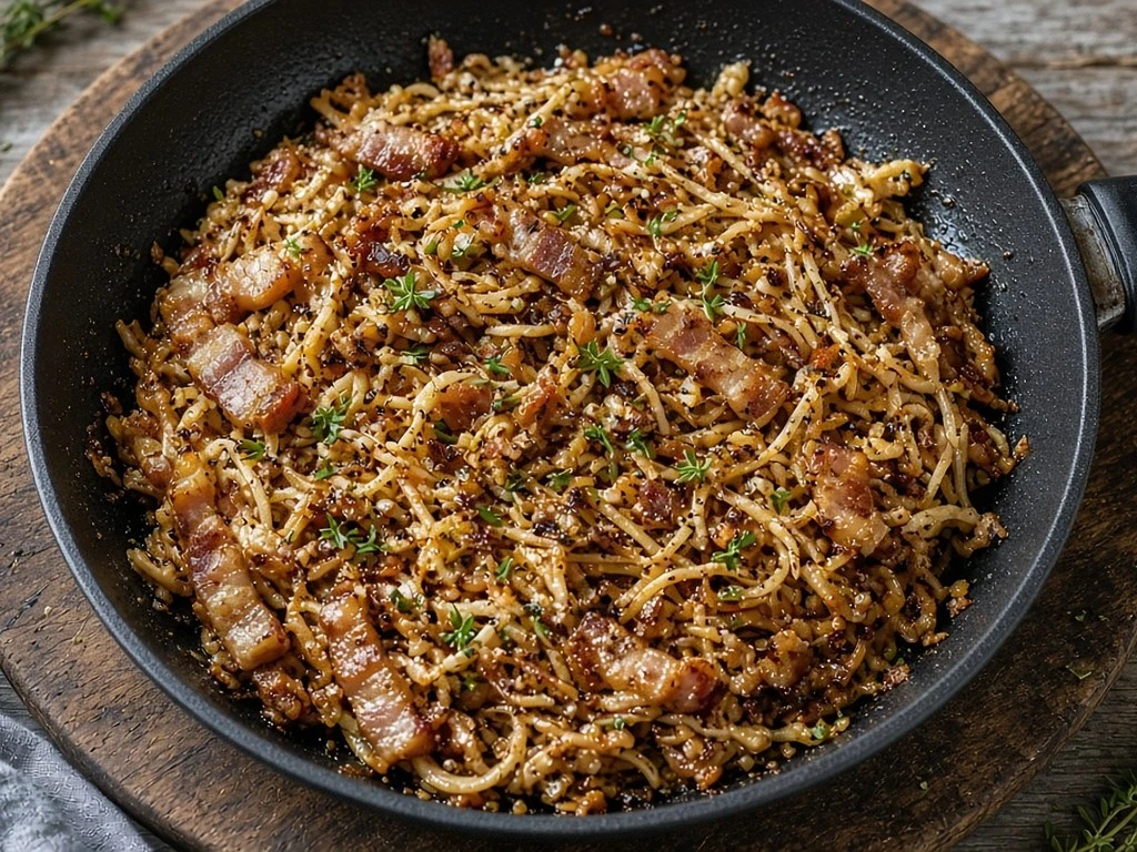 Sauté croustillant de pâtes aux lardons