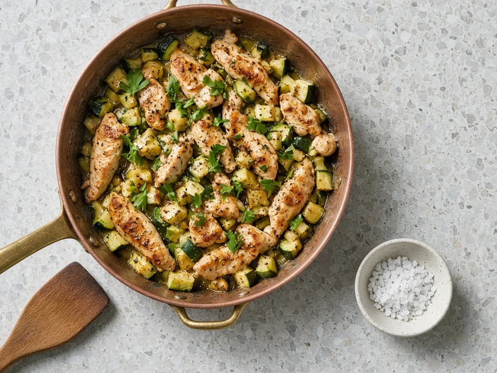 Sauté d'aiguillettes de poulet aux courgettes