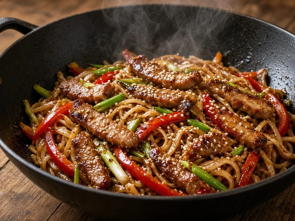 Sauté minute de nouilles au porc laqué