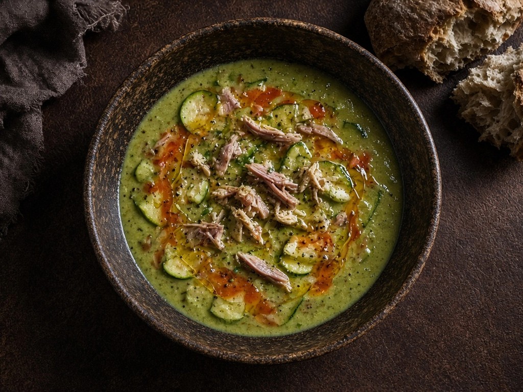 Velouté express de courgettes au jambon et poisson effilochés