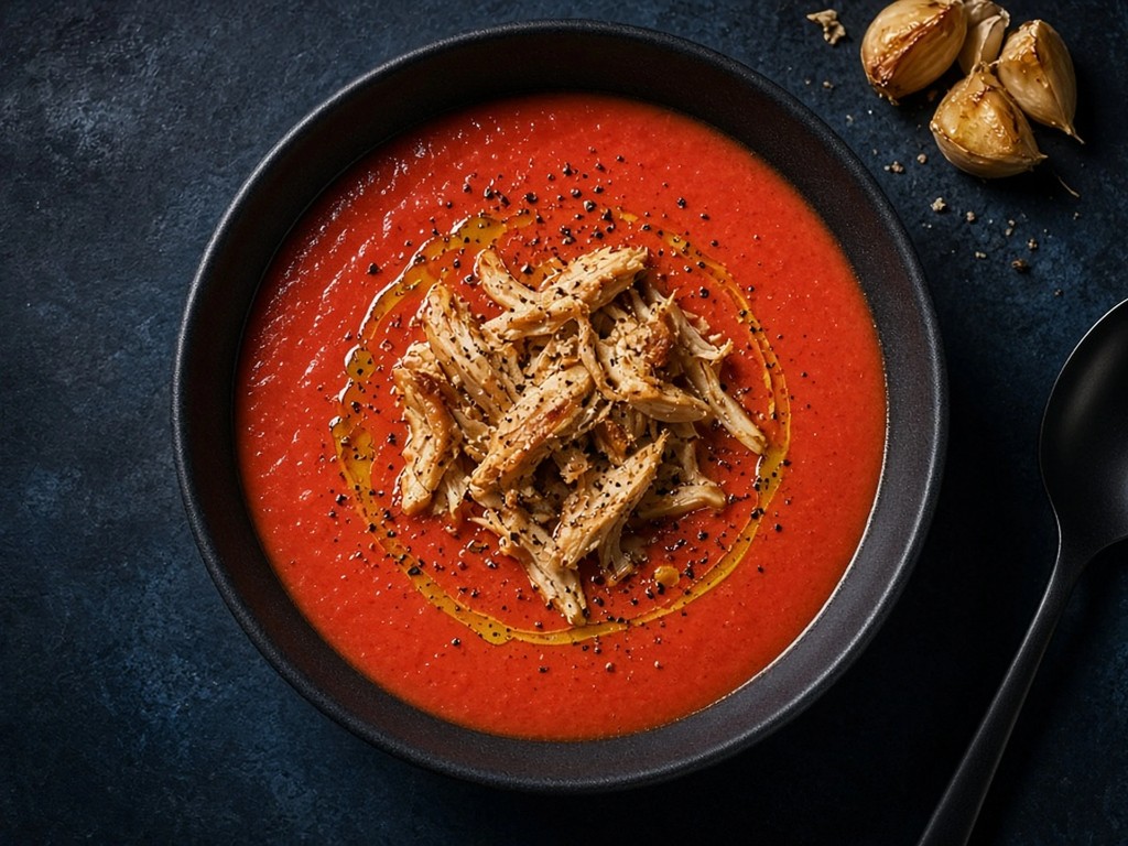 Velouté express de tomates à l'ail et émietté de poulet