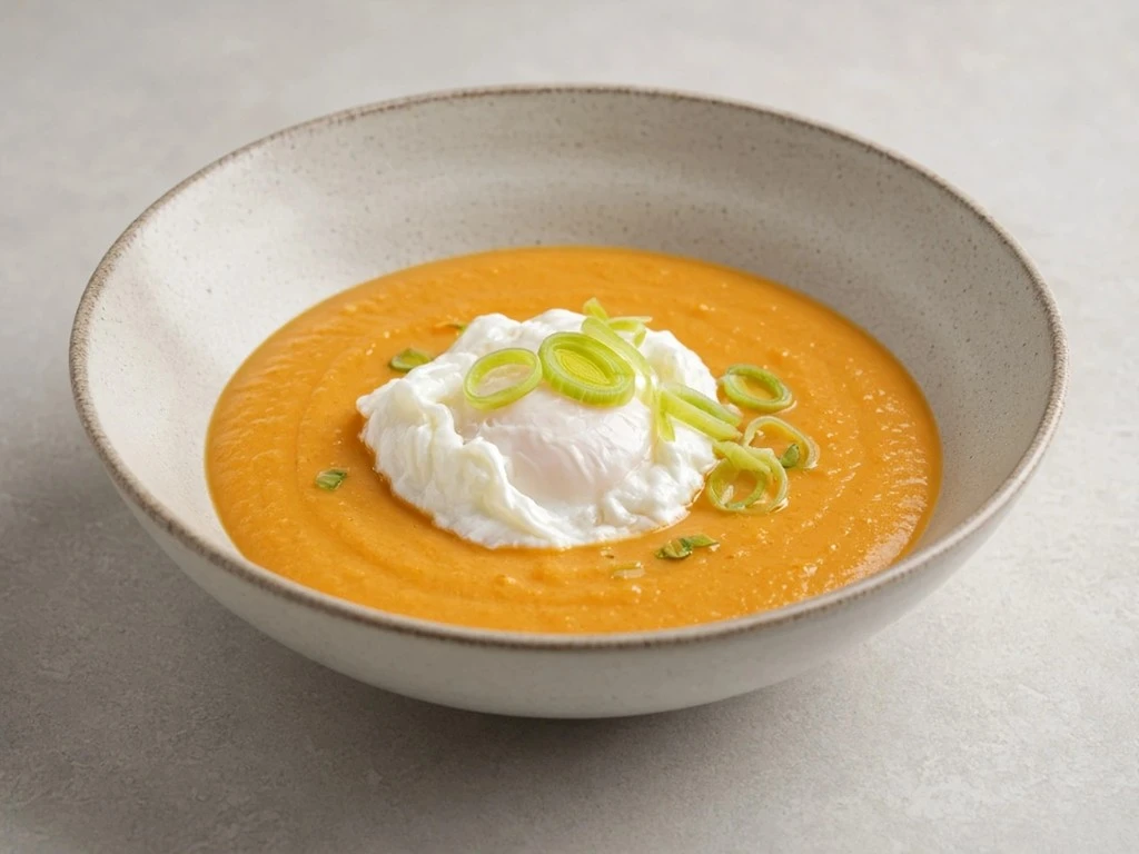Velouté onctueux poireau patate douce et son œuf poché